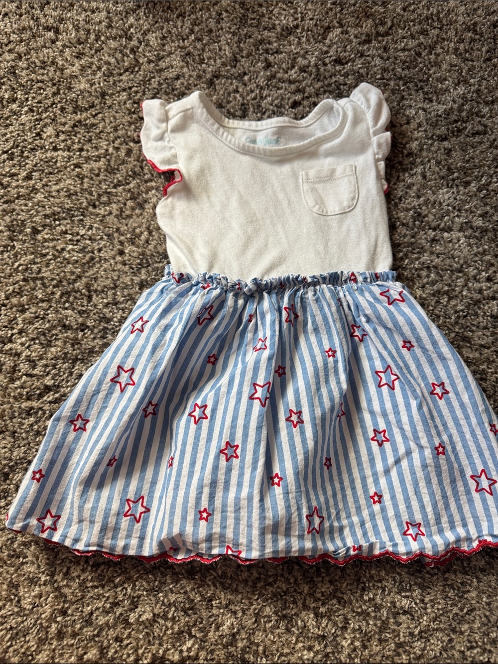 Girls White & Blue Star Stripe Dress with Red Trim